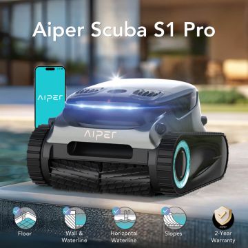 Aiper Scuba S1 Pro Cordless Robotic Pool Cleaner (2025 Upgraded) w/ Dual Stage Filtration, WavePath Navigation & App Control. Floor, Walls, Waterline