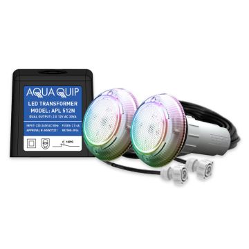 Aqua-Quip EvoFG Series 2 x Multi-Colour PRO RGB+W LED InstaTouch Program Niche Pool Light w/ Fibreglass Mounting Kit, 30M Cables and Transformer