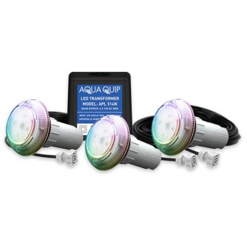 Aqua-Quip EvoFG Series 3 x Multi-Colour PRO RGB+W LED InstaTouch Program Niche Pool Light w/ Fibreglass Mounting Kit, 20M Cables and Transformer