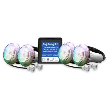 Aqua-Quip EvoFG Series 4 x Multi-Colour PRO RGB+W LED InstaTouch Program Niche Pool Light w/ Fibreglass Mounting Kit, 30M Cables and Transformer