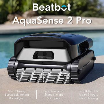 Beatbot AquaSense 2 Pro 5-in-1 Cordless Robotic Pool Cleaner w/ ClearWater Clarifying, Double-Pass Waterline Scrubbing, Smart Water Surface Parking & One-Touch App Retrieval. Floor, Walls, Waterline, Surface