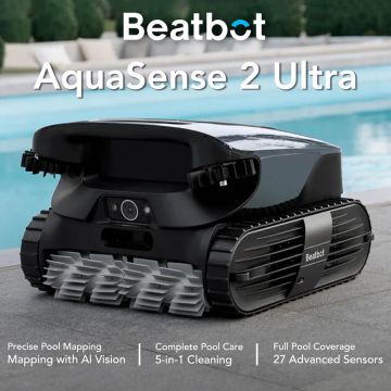Beatbot AquaSense 2 Ultra AI-Powered 5-in-1 Cordless Robotic Pool Cleaner w/ HybridSense Pool Mapping, ClearWater Clarifying, Double-Pass Waterline Scrubbing, Smart Water Surface Parking & One-Touch App Retrieval. Floor, Walls, Waterline, Surface