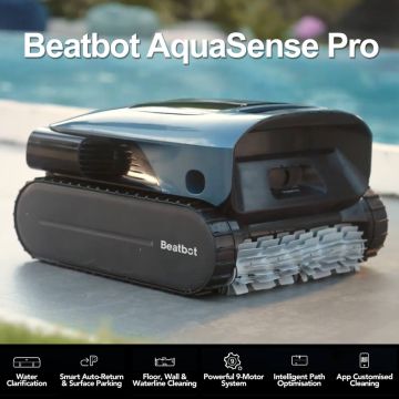 Beatbot AquaSense Pro 5-in-1 Cordless Robotic Pool Cleaner w/ Dual-Group Roller Brushes, ClearWater Clarifying, CleverNav Navigation, SonicSense Sensors & App Control. Floor, Walls, Waterline, Surface