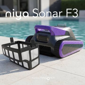 Maytronics Niya Sonar F3 - Sonar 30 Cordless Robotic Pool Cleaner w/ 150 Micron Fine Net Filter Basket. Floor, Wall, Waterline