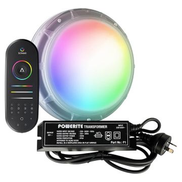 PAL Lighting Sonar 3-in-1 Multi-Colour RGB+W Retro-Fit Universal Surface Mount LED Pool Light w/ Remote Handset and Transformer