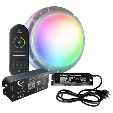 PAL Lighting Sonar 3-in-1 Multi-Colour RGB+W Retro-Fit Universal Surface Mount LED Pool Light w/ Remote Handset, Transformer and Wi-Fi Module