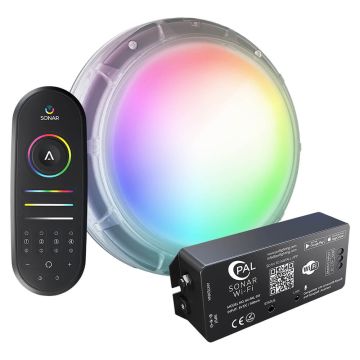PAL Lighting Sonar 3-in-1 Multi-Colour RGB+W Retro-Fit Universal Surface Mount LED Pool Light w/ Remote Handset and Wi-Fi Module