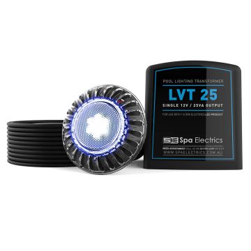 Spa Electrics Atom EMF Series 1 x Single Colour (Blue/White) LED Pool Light w/ Fibreglass Mounting Kit, 20M Cable and LV25 Transformer