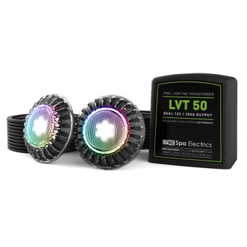 Spa Electrics Atom EMF Series 2 x Multi RGB LED Colour Pool Light w/ Fibreglass Mounting Kit, 30M Cable and Dual LV50 Transformer