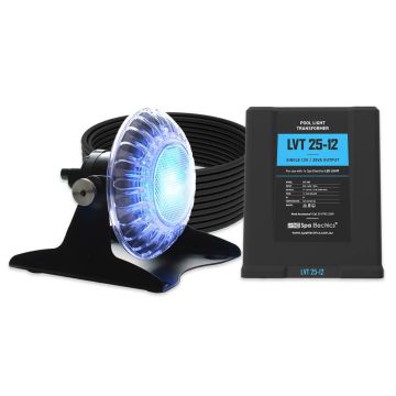 Spa Electrics Atom EMP Series 1 x Blue LED Colour Pool Light w/ Pond Mounting Kit, 20M Cable and LV25 Transformer