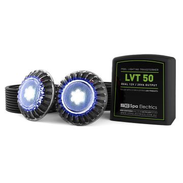Spa Electrics Atom EMV Series 2 x Single Colour (Blue/White) LED Pool Light w/ Vinyl Mounting Kit, 20M Cable and Dual LV50 Transformer