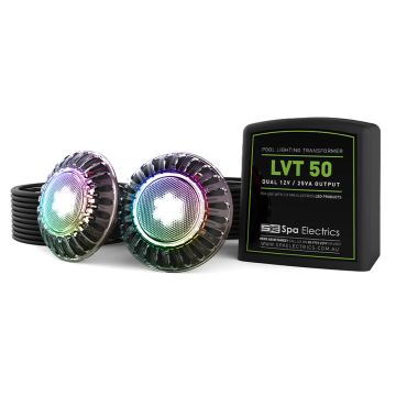 Spa Electrics Atom EMV Series 2 x Multi RGB LED Colour Pool Light w/ Vinyl Mounting Kit, 20M Cable and Dual LV50 Transformer