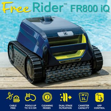 Zodiac FreeRider FR800 iQ Cordless Robotic Pool Cleaner w/ NEW Tap & Lift Feature, Dual Stage Filtration and App Control. Floor, Wall, Waterline