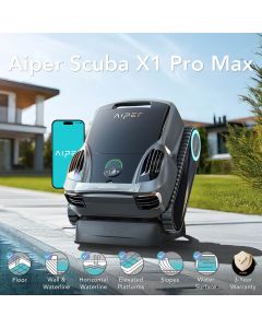 Aiper Scuba X1 Pro Max All-in-One Cordless Robotic Pool Cleaner w/ Caddy, FlexiPath 2.0 Navigation, Mapping, Intelligent Suction & App Control. Floor, Walls, Waterline, Surface, Elevated Platforms
