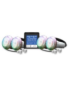 Aqua-Quip EvoFG Series 4 x Multi-Colour PRO RGB+W LED InstaTouch Program Niche Pool Light w/ Fibreglass Mounting Kit, 20M Cables and Transformer