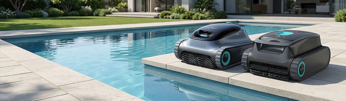 Aiper Scuba SL and Scuba S1 robotic pool cleaners beside a modern pool