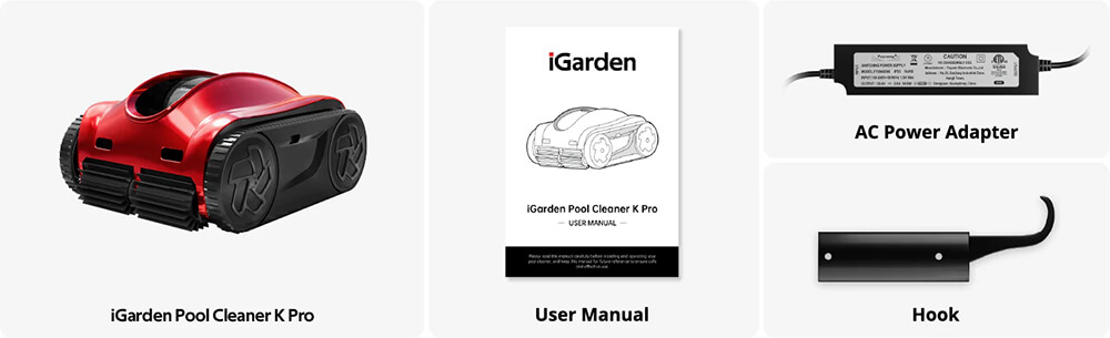 iGarden K Pro Series in the box including robotic pool cleaner, Clicker, AC power adapter, user manual and retrieval hook