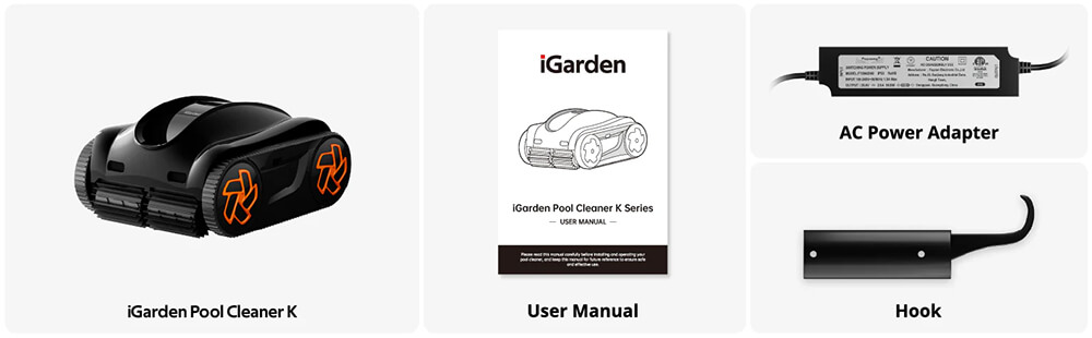 iGarden K Series in the box including robotic pool cleaner, AC power adapter, user manual and retrieval hook