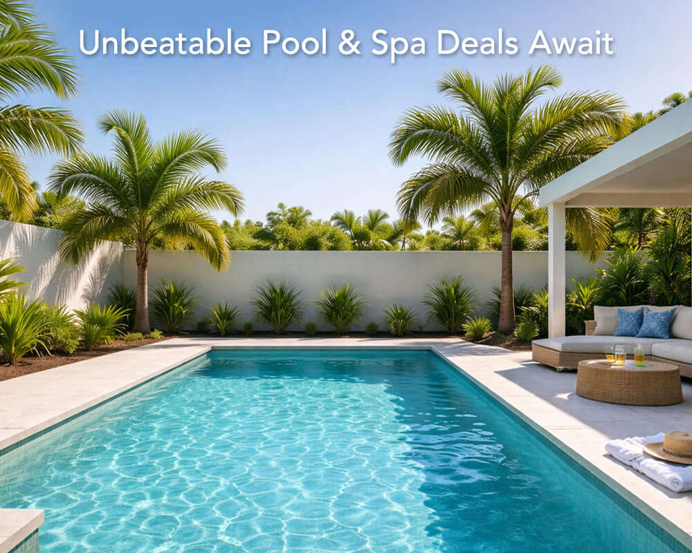Modern sandstone-toned pool with warm sunlight and palm reflections