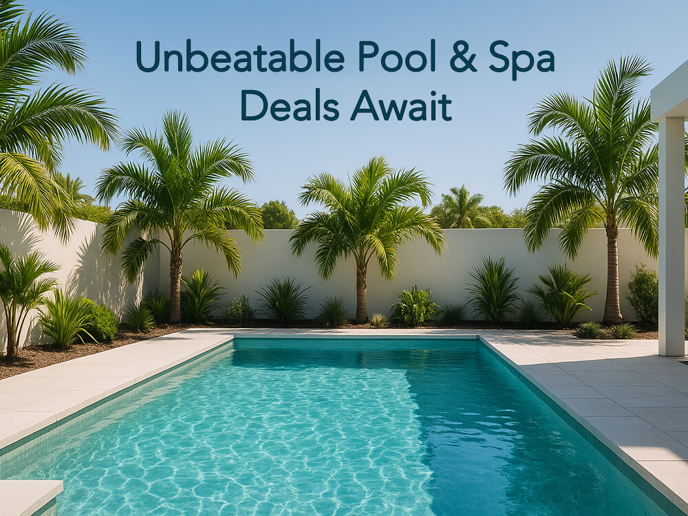 Modern sandstone-toned pool with warm sunlight and palm reflections