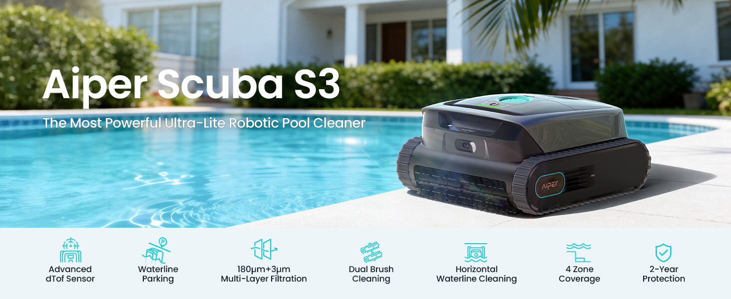 Aiper Scuba S3 robotic pool cleaner with key cleaning and navigation features