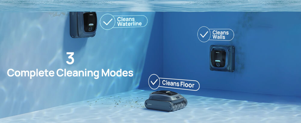3-in-1 cleaning - Cleans the floor, walls, and waterline in one complete cycle.
