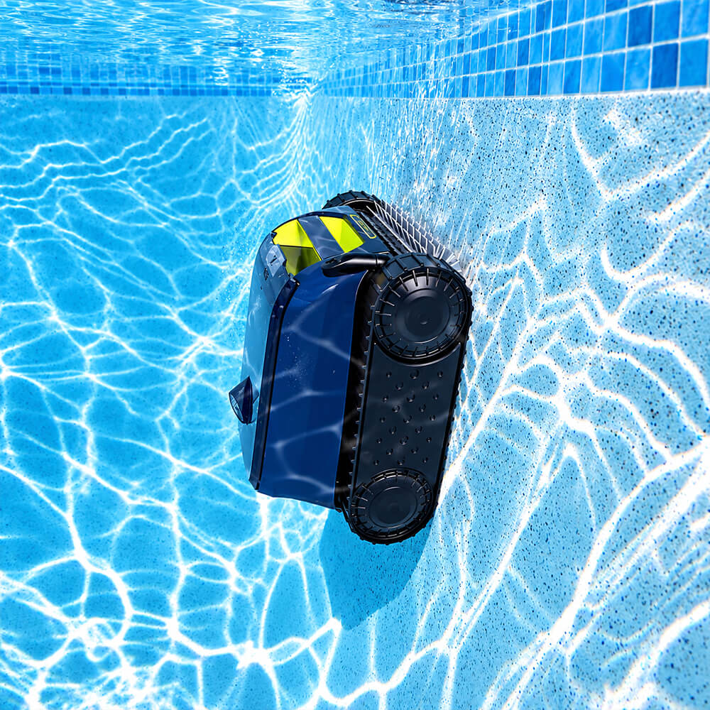 Zodiac FreeRider FR500 iQ robotic pool cleaner climbing and cleaning the pool wall underwater