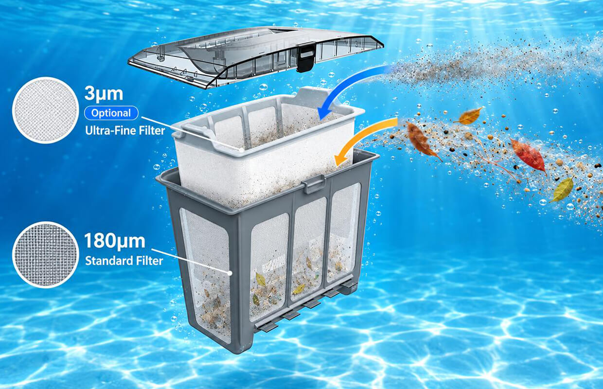 Zodiac FreeRider FR350 iQ 180 micron standard filter with optional 3 micron Ultra-Fine Filter