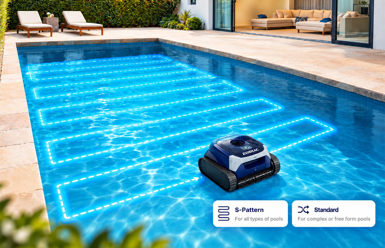 Zodiac FreeRider FR350 iQ S-Pattern and Standard Pattern navigation options for pool floor cleaning