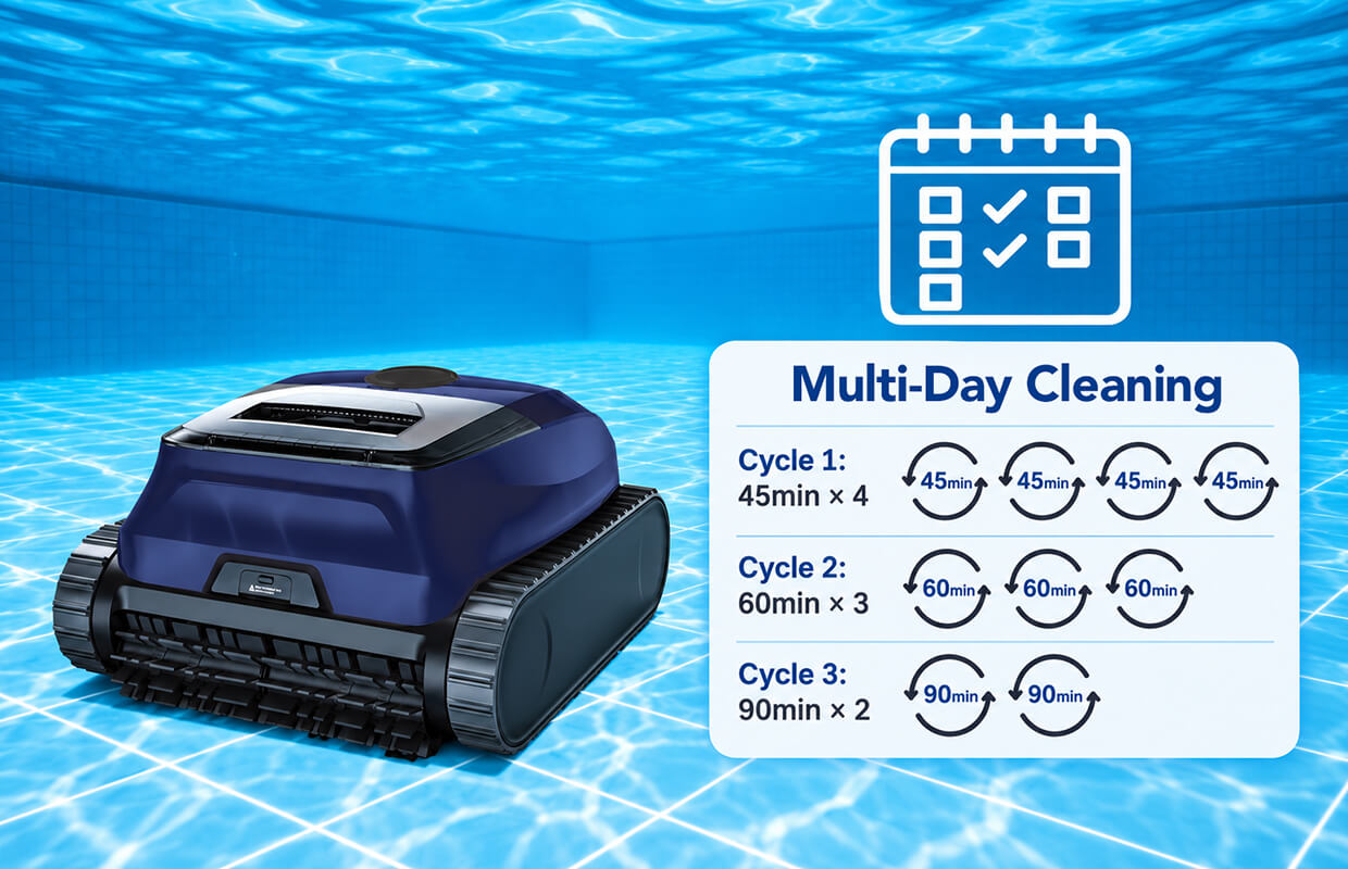 Zodiac FreeRider FR350 iQ Multi-Day Cleaning schedule with 45, 60 and 90 minute Floor Only cleaning sessions