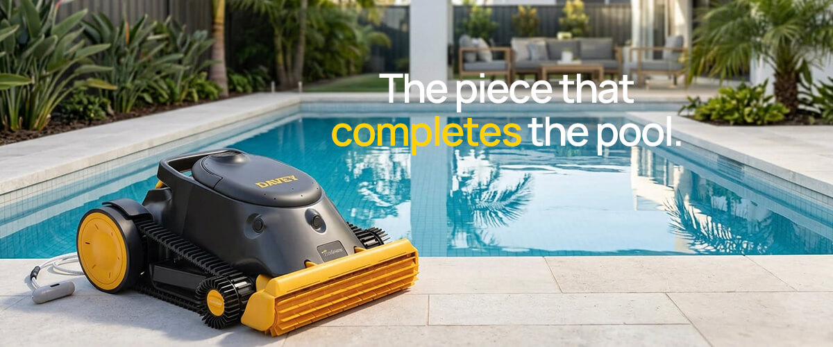 Davey TurboSweep cordless robotic pool cleaner beside a modern backyard pool