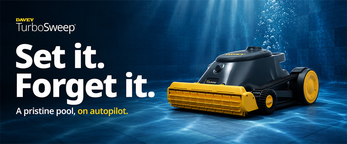 Davey TurboSweep cordless robotic pool cleaner in an underwater pool setting