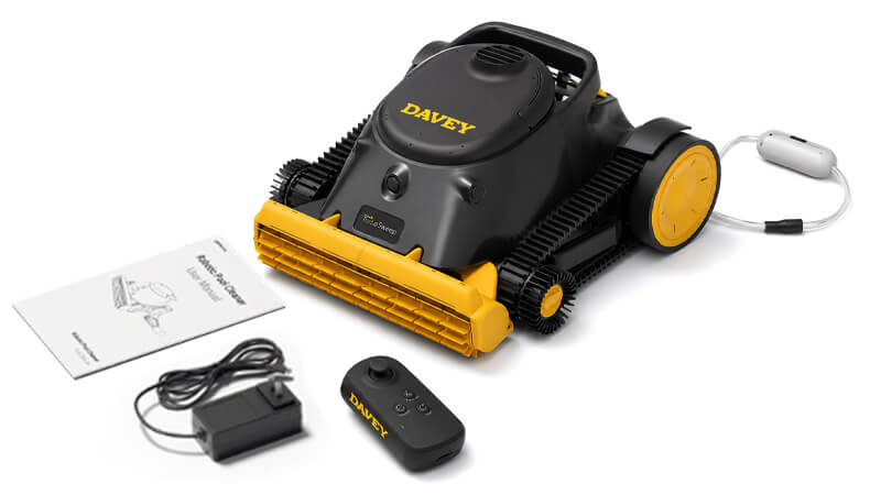 Davey TurboSweep in the box including robotic pool cleaner remote control charger and user manual