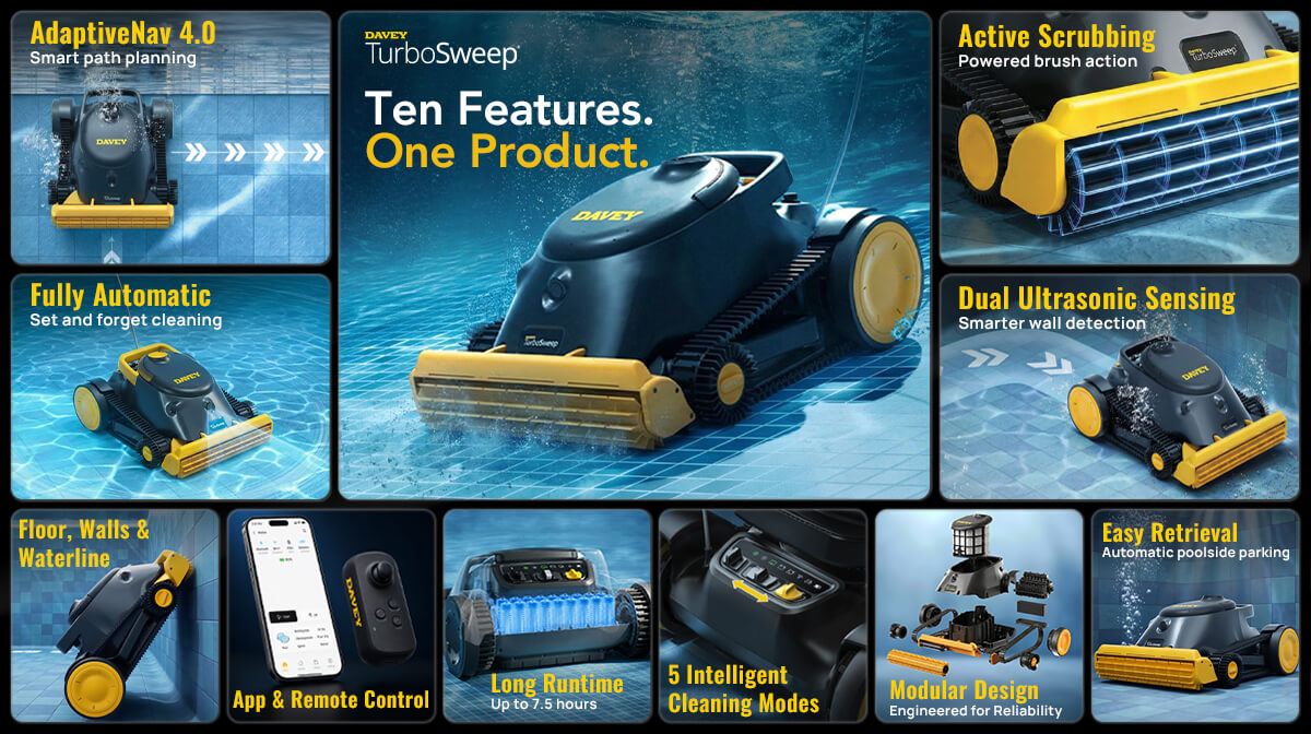 Davey TurboSweep key features including AdaptiveNav app control remote control active scrubbing and modular design