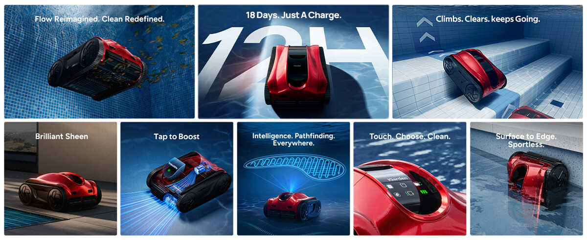 iGarden K Pro 120 cordless robotic pool cleaner key features including runtime, turbo mode, navigation, touchscreen control and waterline cleaning