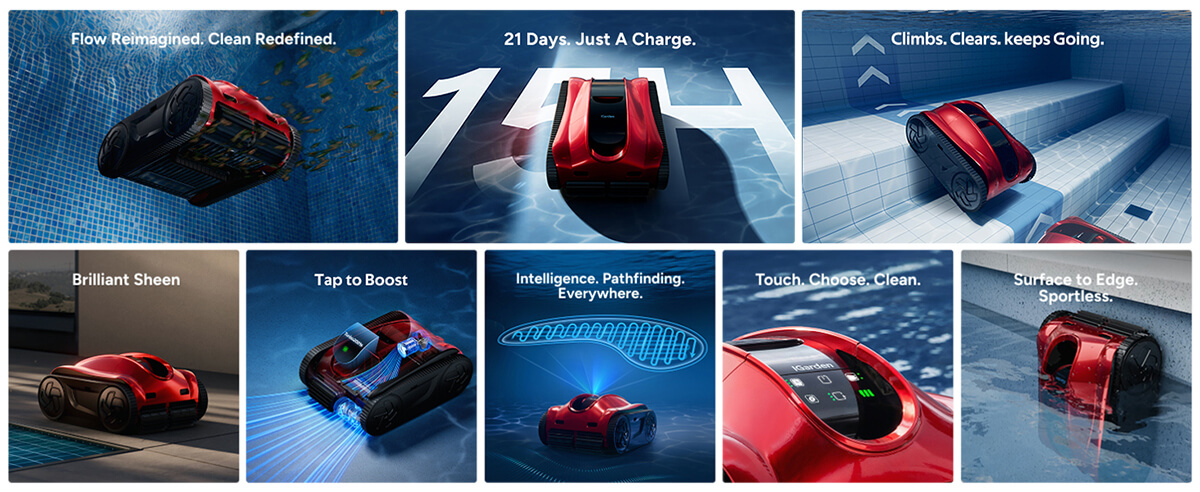 iGarden K Pro 150 cordless robotic pool cleaner key features including runtime, turbo mode, navigation, touchscreen control and waterline cleaning