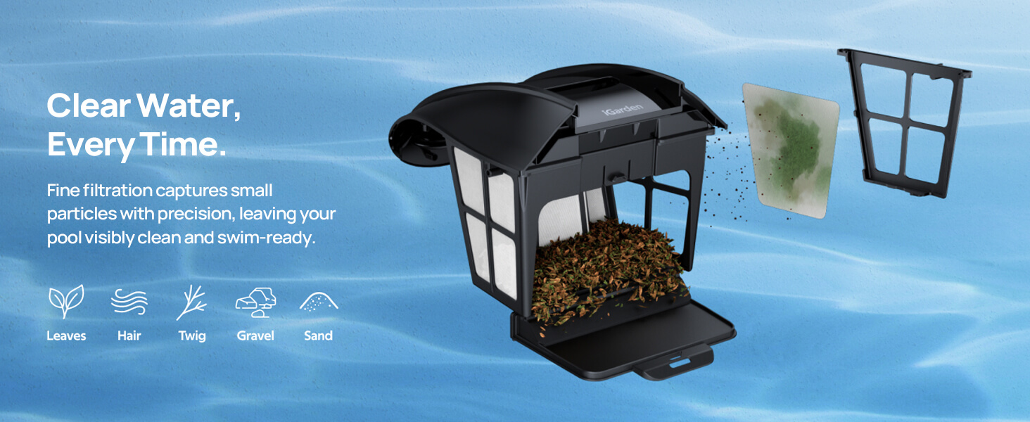 iGarden K80 fine filtration for leaves hair twigs gravel and sand