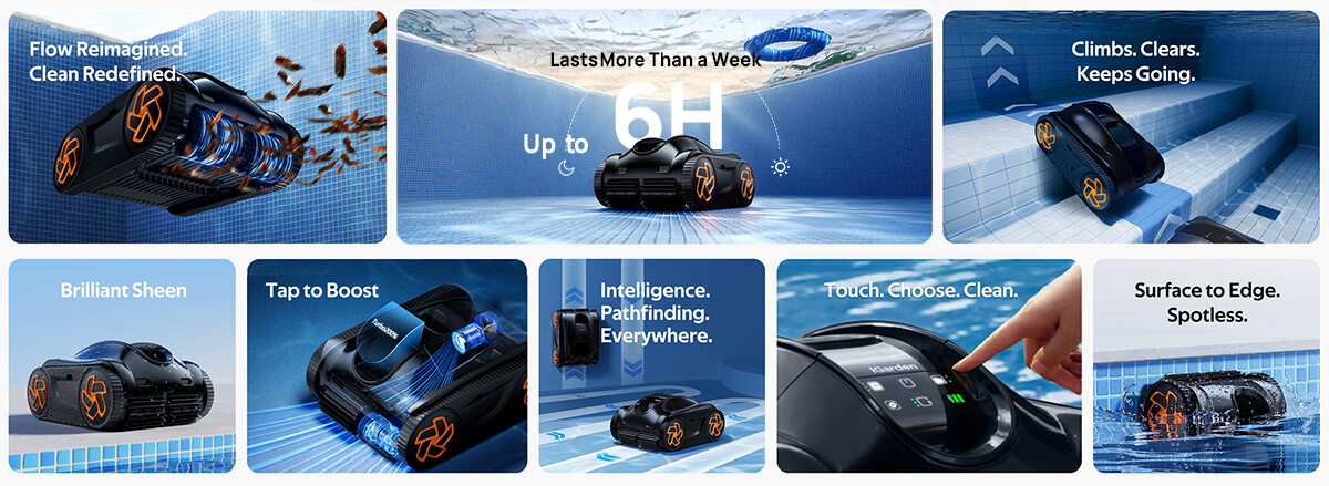 iGarden K60 cordless robotic pool cleaner key features including runtime, turbo mode, navigation, touchscreen control and waterline cleaning