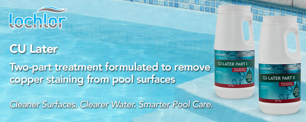 Two-part copper stain remover for swimming pool surfaces