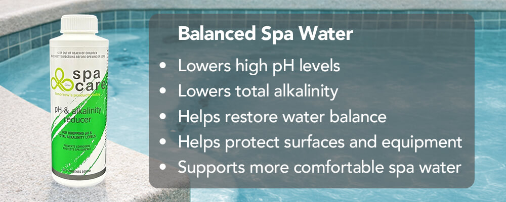 Balanced spa water with controlled pH and alkalinity