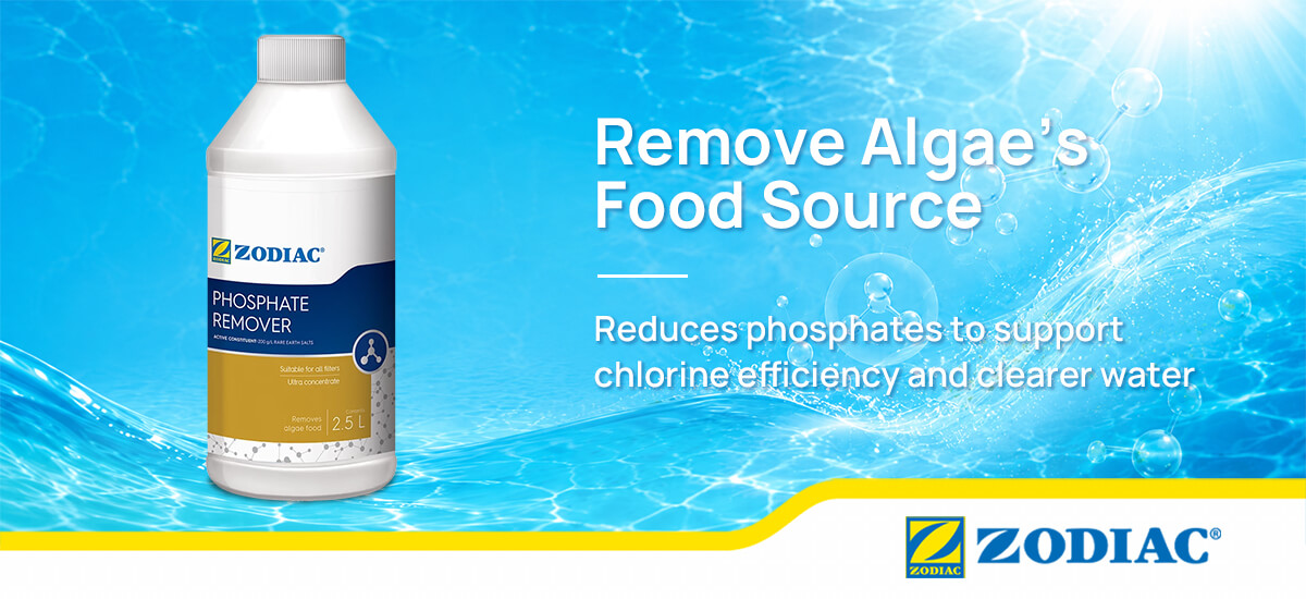 Zodiac Phosphate Remover for reducing algae food in swimming pools